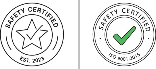 A set of professional circular safety certification seals featuring a star icon with "EST. 2023" and a green checkmark with "ISO 9001:2015" text. © Muhammad