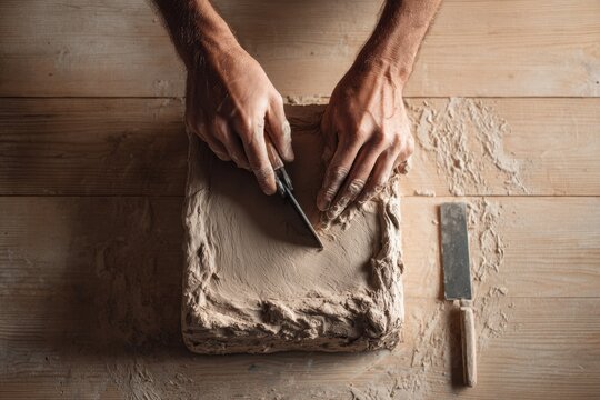 Top view of male artisan hands cutting a square block of raw clay with a tool on a wooden table.
