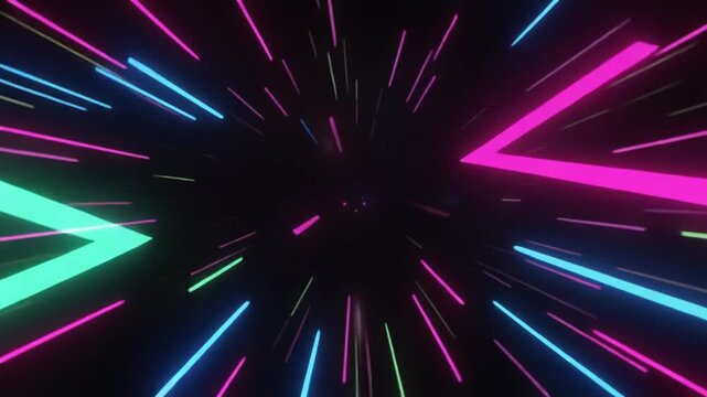 Colorful neon lights radiate from center, creating dynamic abstract background for motion graphics or futuristic designs