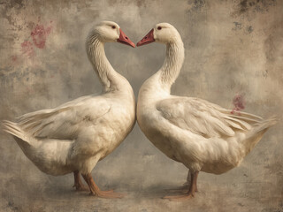 Obraz premium Vintage Valentines Day Romantic Pair Goose Valentine Print