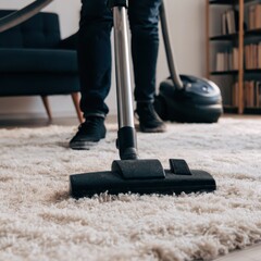 Person Using Vacuum Cleaner on Carpet in Modern Living Room