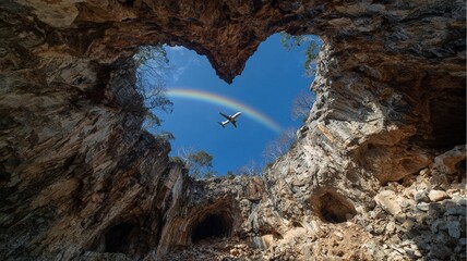 Airplane crossed by a rainbow in the blue sky, image taken from a cave
