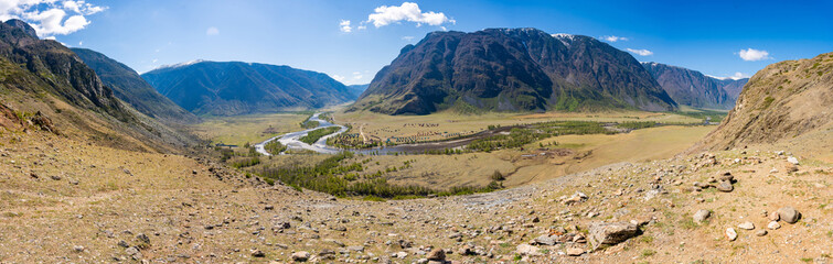 Top view of Chulyshman valley in Altai Russia near famous stone mushrooms Natural monument surrounded by majestic mountains and wild landscapes © dtatiana