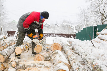 A man prepares birch firewood to heat his house.