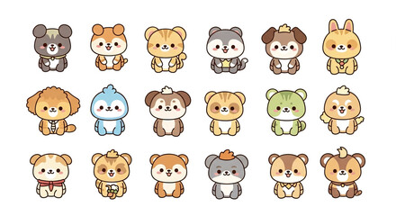 Obraz premium A seamless pattern vector illustration featuring a cute set of cartoon animal faces including a lion, tiger, bear, elephant, and dog character heads for a baby zoo collection
