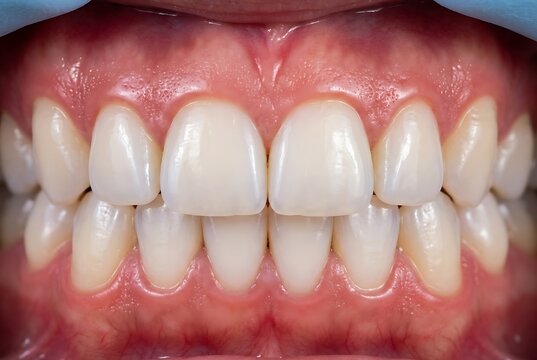 A close up view of a person's healthy white teeth and gums