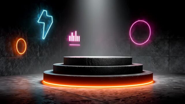 Dark industrial space featuring a spotlighted circular podium with an orange neon glow. a blue electric symbol accents the textured wall, creating a futuristic atmosphere ideal for modern design conce