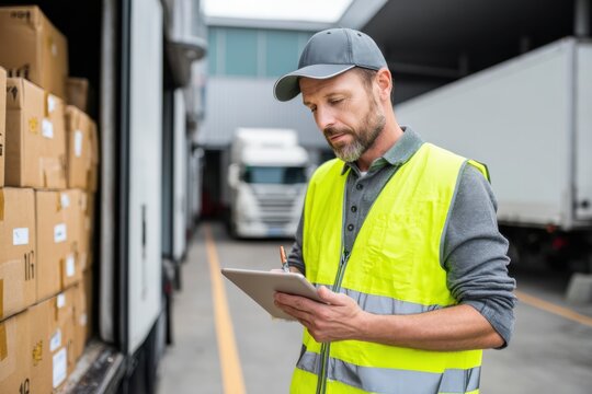 Worker in safety vest confirming package list on tablet at loading dock