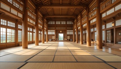 The interior of a grand, traditional Japanese palace features a large, roomy hall, natural cedar wood architecture, tatami mat flooring, tall wooden pillars, shoji sliding walls, high ceilings, elegan