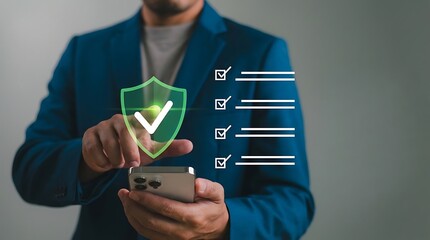 A man in a blue suit jacket interacting with a green shield icon on his phone for security verification