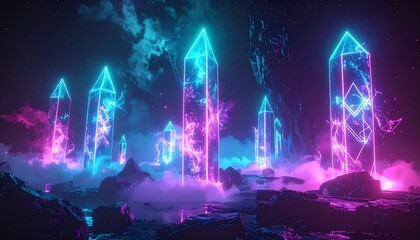 Floating geometric neon runes pulsing cyan and magenta in endless black void, delicate electric sparks connecting symbols