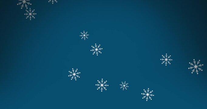Digital animation of snowflakes icons falling against copy space on blue background