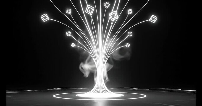 Abstract Light Tree of Connections: A mesmerizing artwork featuring a radiant tree-like structure composed of luminous lines and geometric shapes, symbolizing interconnectedness, data flow.