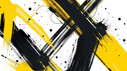 Abstract yellow and black brush strokes with splatters and dotted lines on a white background, creating a dynamic and modern artistic pattern.