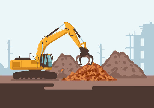 An excavator sorts construction debris on a construction site. A dynamic illustration showcasing heavy machinery and demolition work. Clean, modern style.
