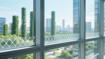 Fototapeta premium スマートガラスの窓越しに見える垂直庭園が立ち並ぶサステナブルな都市