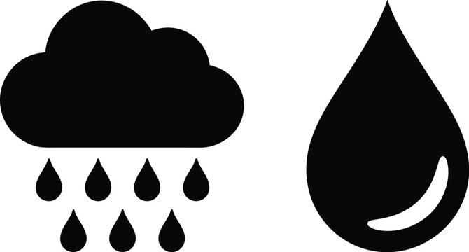 Collection of minimalist black vector icons rainy cloud and single water drop