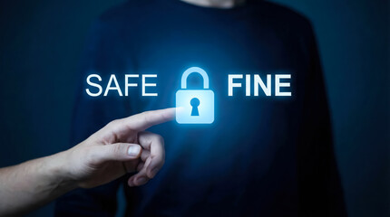 Digital security concept hand touching glowing padlock icon between words safe and fine on dark background representing data protection and cyber safety