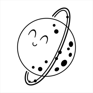 Cute uranus planet clipart, isolated black and white cartoon solar system oblect for kids space design. Vector illustration.