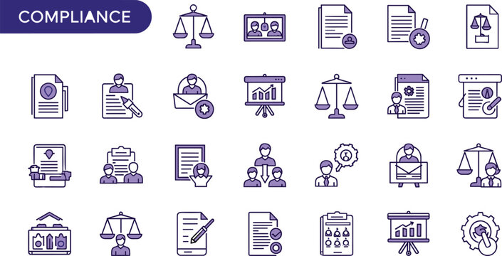 Set of Purple and White Icons Representing Compliance and Legal Documentation Keywords: compliance, law, legal, document