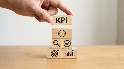 Hand placing wooden block with kpi text on stack of blocks featuring icons for time, search, checkmark, target, and growth chart, representing key performance indicator concept in business management