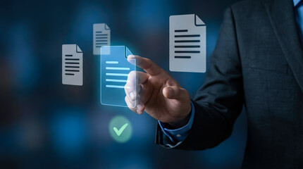 Businessman interacting with digital documents and data management interface, concept of electronic records, workflow automation, and secure file processing in a modern business environment