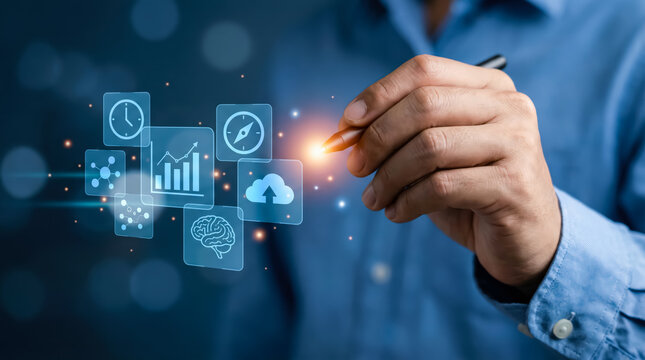 Businessman hand drawing digital interface with business analytics, cloud computing, time management, and brain icons on dark blue background - Powered by Adobe