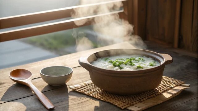 Warm Comfort Food Steaming Bowl of Rice Porridge with Fresh Herbs, Wooden Spoon, Perfect Breakfast in Serene Setting on Wooden Table