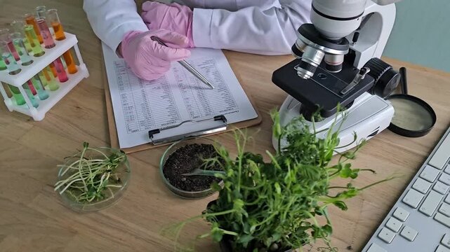 Scientist examines plant samples with microscope and lab equipment in research setting in a laboratory