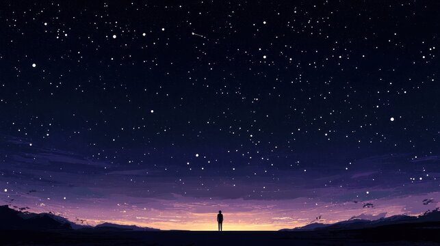 Silhouette figure stands alone under a vast night sky filled with stars