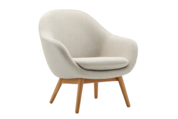 Cream-colored upholstered chair with curved lines and wooden legs on a background