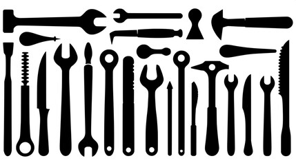 Collection of workshop tools in solid black silhouette, isolated, flat vector artwork, symmetrical layout