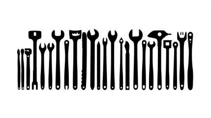 Collection of workshop tools in solid black silhouette, isolated, flat vector artwork, symmetrical layout