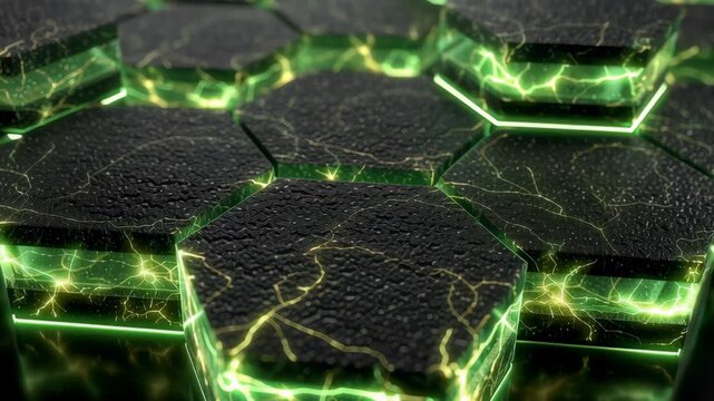 Futuristic hexagonal patterns connected by green neon lights, resembling high-tech circuitry. perfect for use in technological and digital applications, including backgrounds, web design, or sci-fi th