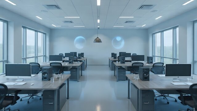Modern office interior with contemporary furniture including a desk and chairs in an empty business boardroom designed for professional meeting work inside a company building