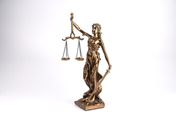 Statue of Lady Justice with scales and sword, stylized in a classical manner, metallic material,...
