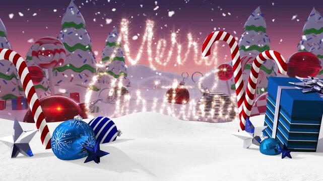 This animation shows a blue gift box, candy canes, and bauble decorations against a winter landscape