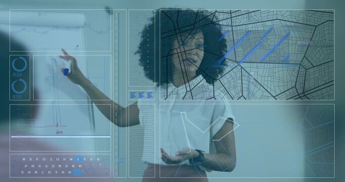Animation of interface with data processing over african american woman giving a presentation