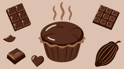 Assortment of Chocolate Treats Including Bars, Muffin, and Cocoa Bean