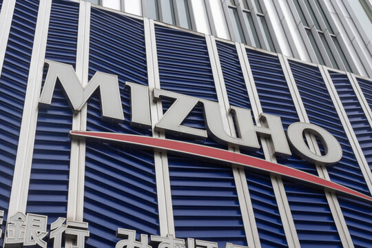 Signage of Mizuho Bank on a building in Tokyo, Japan