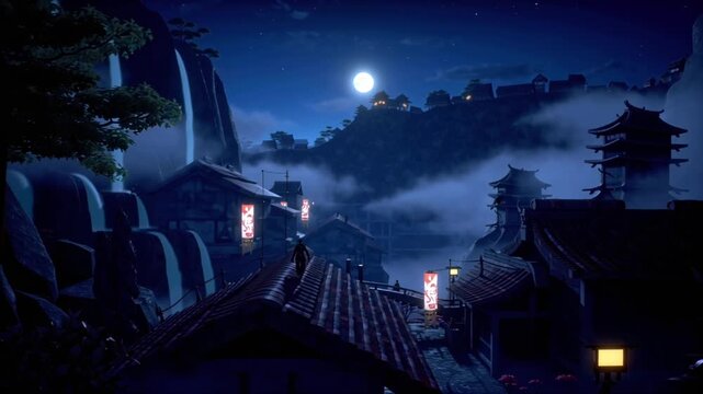 Cinematic anime night landscape hidden ninja village misty mountains, 4K moonlight reflecting off mist waterfalls, traditional Japanese rooftops glowing lanterns, ninjas moving stealthily rooftops