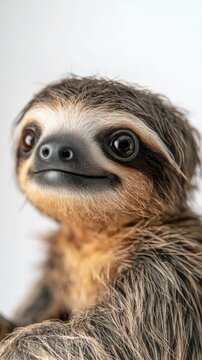 This is a close-up of a smiling sloth with its tongue sticking out, looking directly at the camera against a blurred background. The sloth has large eyes and long claws.