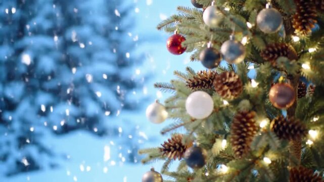 Festive Christmas tree adorned with ornaments and pine cones, set against a snowy backdrop.