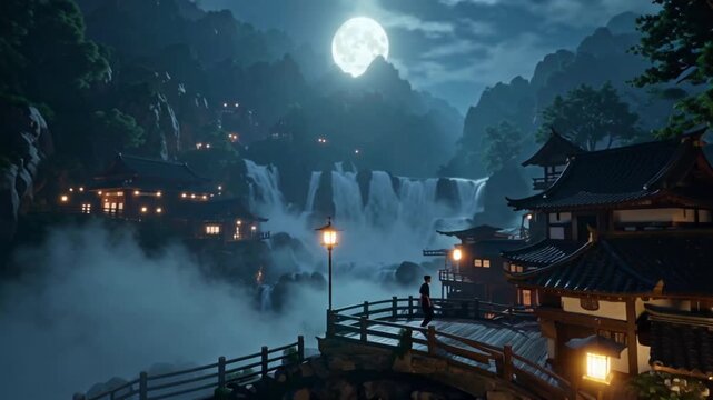 Cinematic anime night landscape hidden ninja village misty mountains, 4K moonlight reflecting off mist waterfalls, traditional Japanese rooftops glowing lanterns, ninjas moving stealthily rooftops