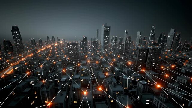 A dynamic urban skyline at night features illuminated skyscrapers interconnected by glowing lines symbolizing digital networks. bright orange streams signify fast data flow, creating a high-tech, futu