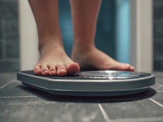 Fototapeta premium Person's Feet on Bathroom Scale Showing Weight Measurement
