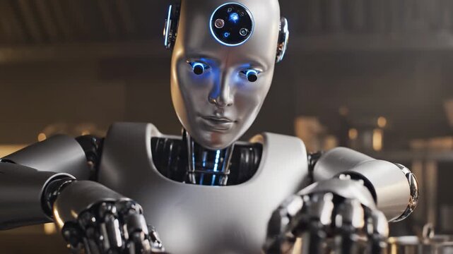 Humanoid robot hand slices red bell pepper on a wooden cutting board in a kitchen. Future technology concept for automated cooking.
