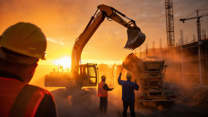 Construction workers operating excavator at sunset site ©  Blar Studio