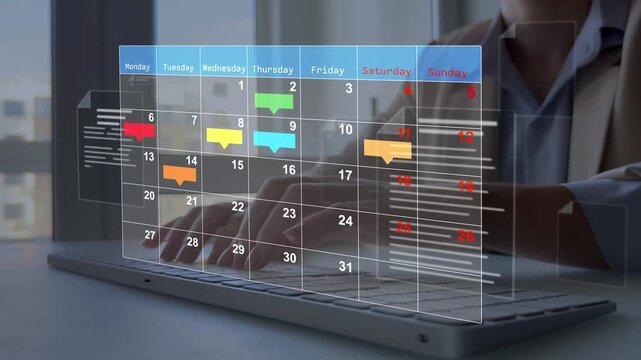 Project manager updating tasks and milestones progress planning with calendar interface for company.Business Project Management System.	

