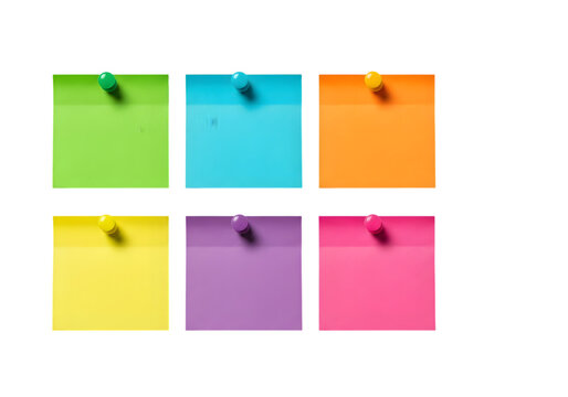 Six colorful square sticky notes with pins isolated on a transparent background